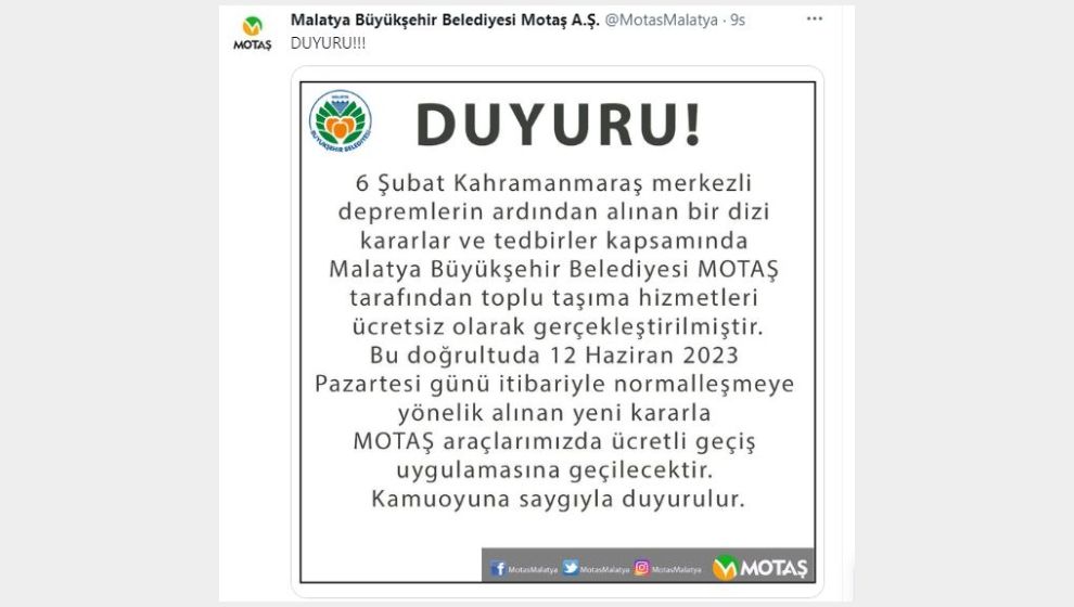 Malatya'da ücretli ulaşım yeniden başlıyor