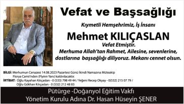 VEFAT VE  BAŞSAĞLIĞI  (Mehmet KILIÇASLAN ) 