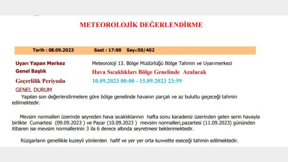 Malatya'da hava sıcaklığı 3-6 derece düşecek