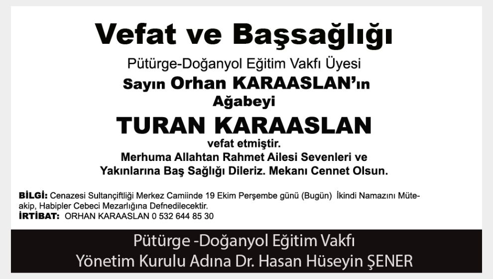 Vefat ve Başsağlığı (Turan Karaaslan)