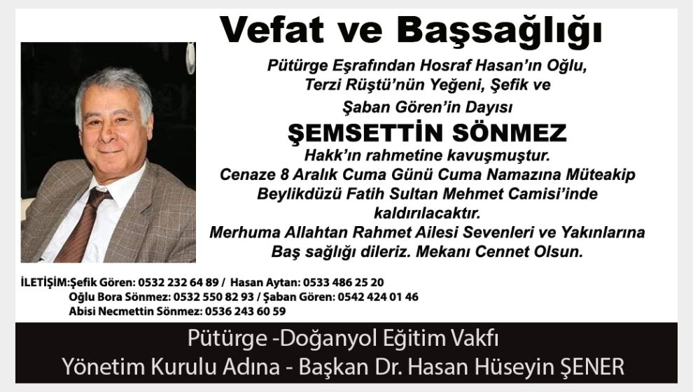 Vefat ve Başsağlığı (ŞEMSETTİN SÖNMEZ)