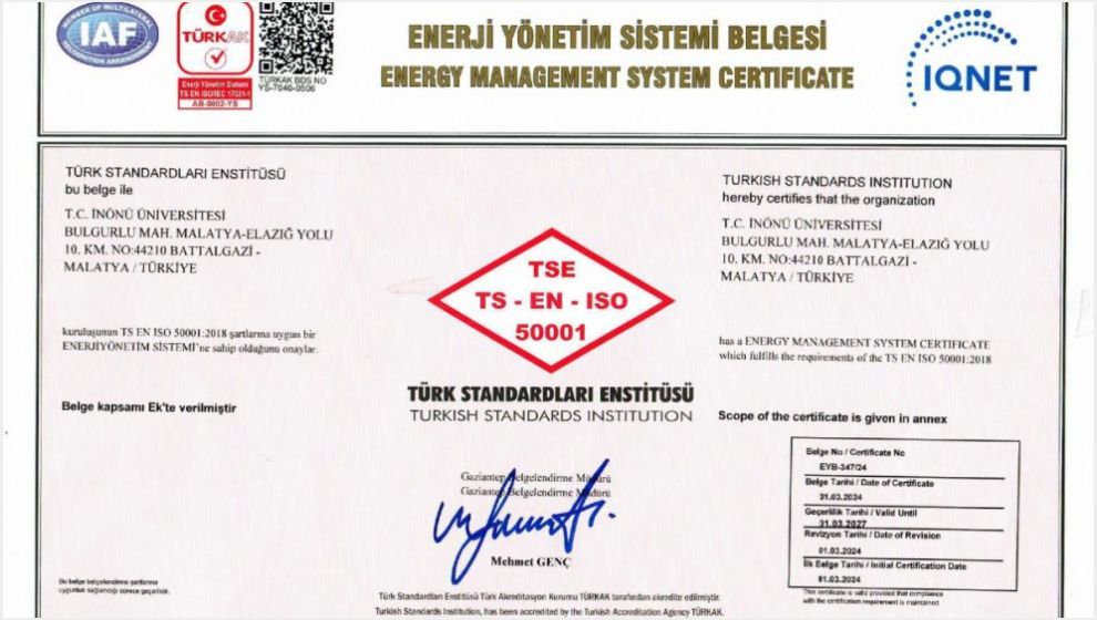 İnönü'ye Enerji Yönetim Sistemi Belgesi Verildi