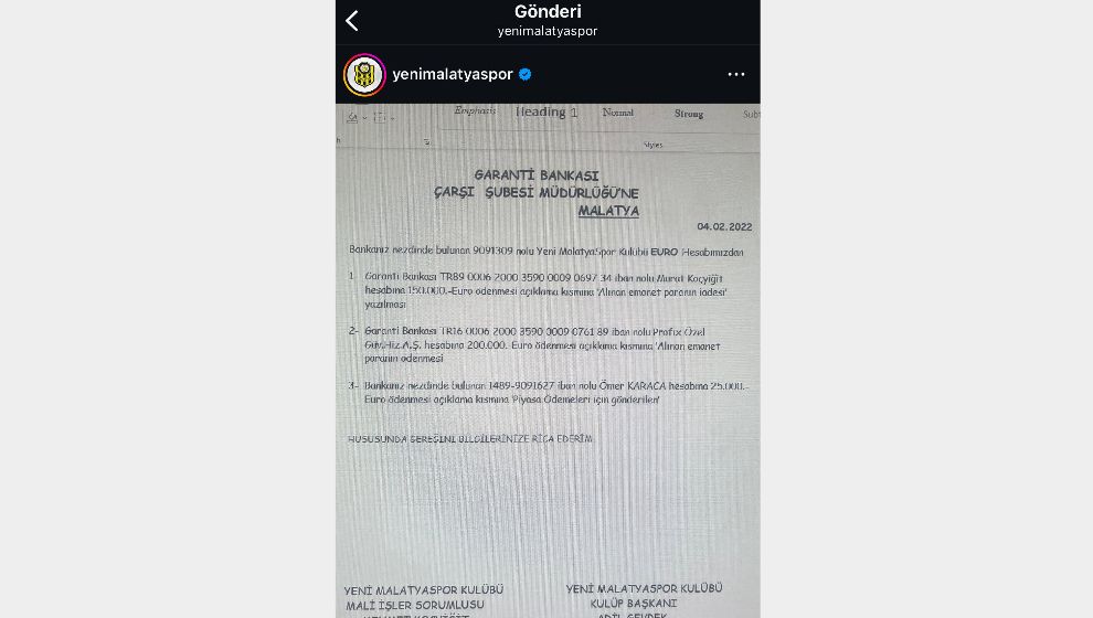 Yeni Malatyaspor'da Yeni Usulsüzlük Belgesi